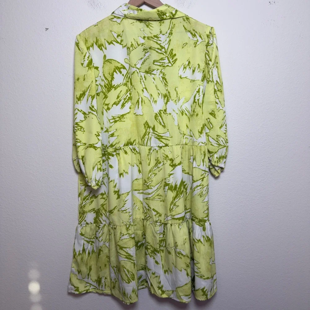 NEW Cassee‎ Women Tiered Midi Shirt Dress 1X Lime Green Vacation Resort Abstract - Picture 6 of 9